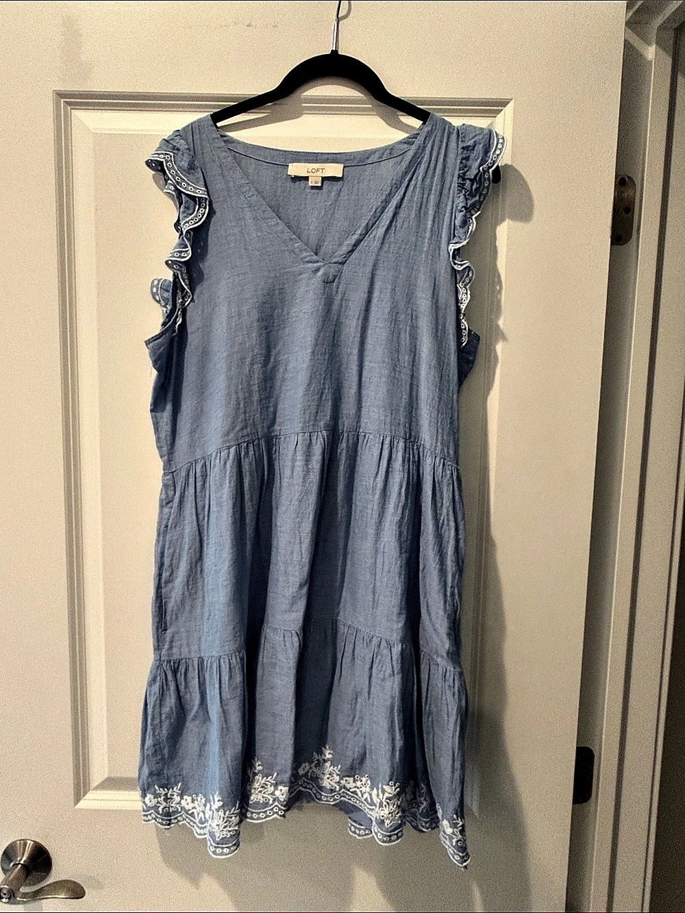 LOFT Embroidered Ruffle Mini Dress in Blue Small